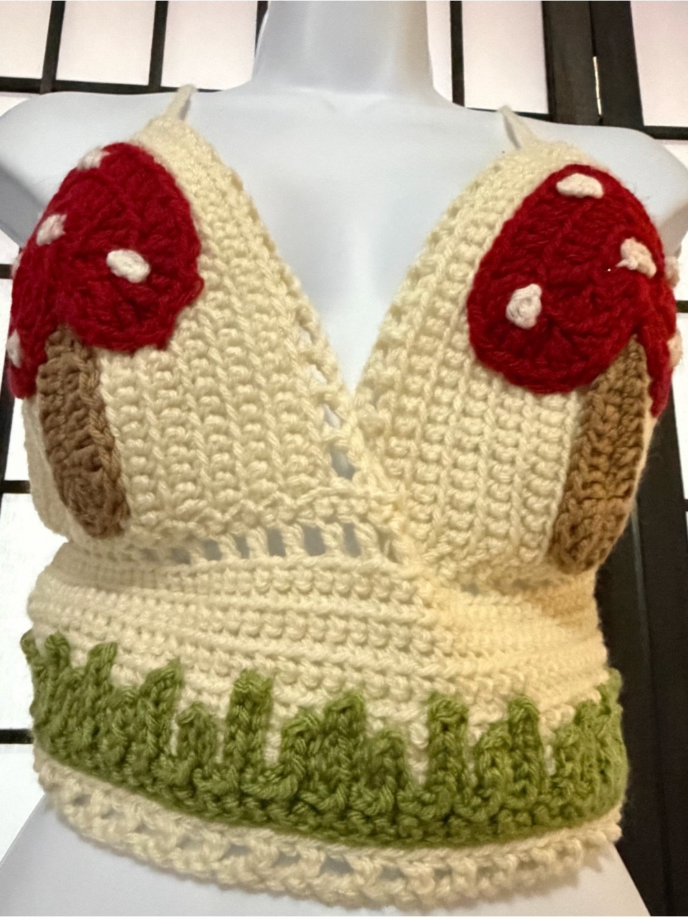 Women’s Handmade Cream Crochet Mushroom Crop Top - Picture 3 of 5